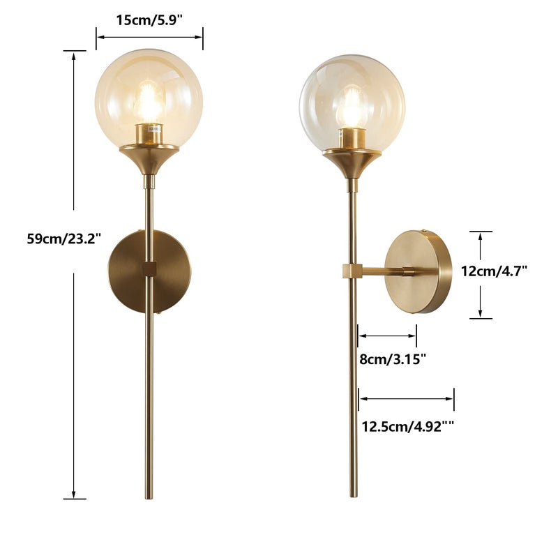 KCO Lighting Brushed Brass Gold Wall Mounted Sconce Mid Century Modern Wall Light Fixture Vintage Long Wall Lamp Amber Glass Wall Sconce Lighting Globe Round Wall Light (Amber) - Image 2